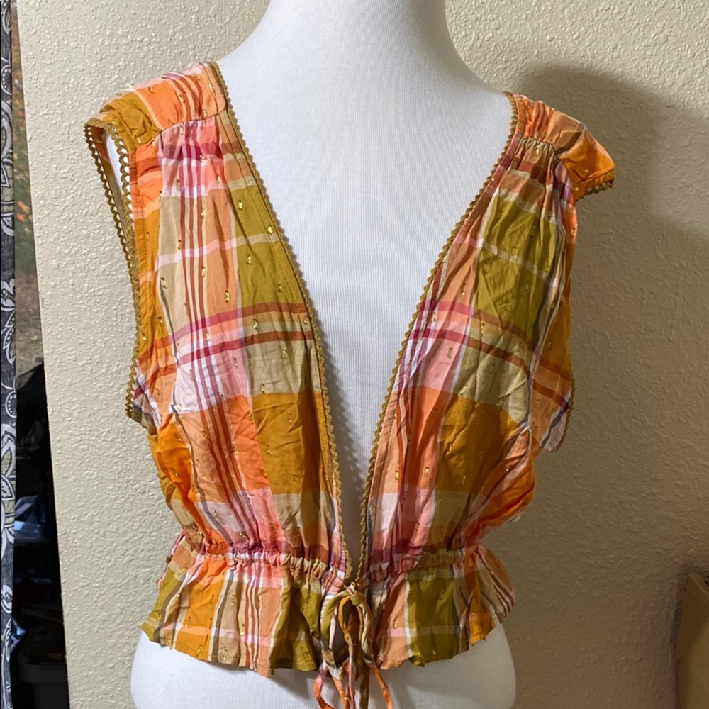 Aerie Plaid V-neck Front Tie Top NWT Size L